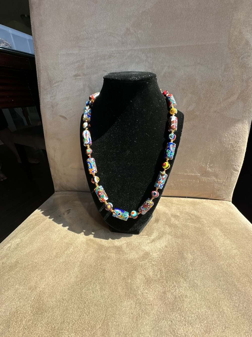 Vintage Moretti Millefiori Murano Glass Rectangular and Round Bead Necklace